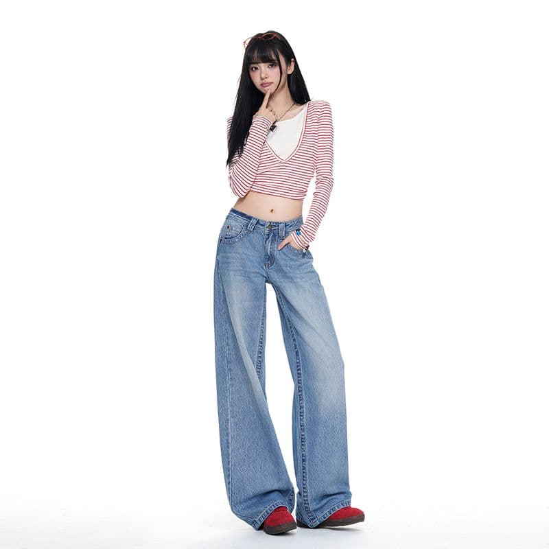 터키 데님 아메리칸 대 단추 로우 웨이스트 얼음 파란색 넓은 다리 루즈핏 스트레이트 청바지