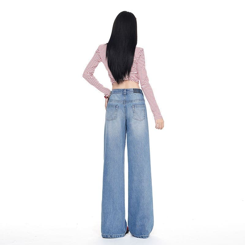 터키 데님 아메리칸 대 단추 로우 웨이스트 얼음 파란색 넓은 다리 루즈핏 스트레이트 청바지 이미지 3
