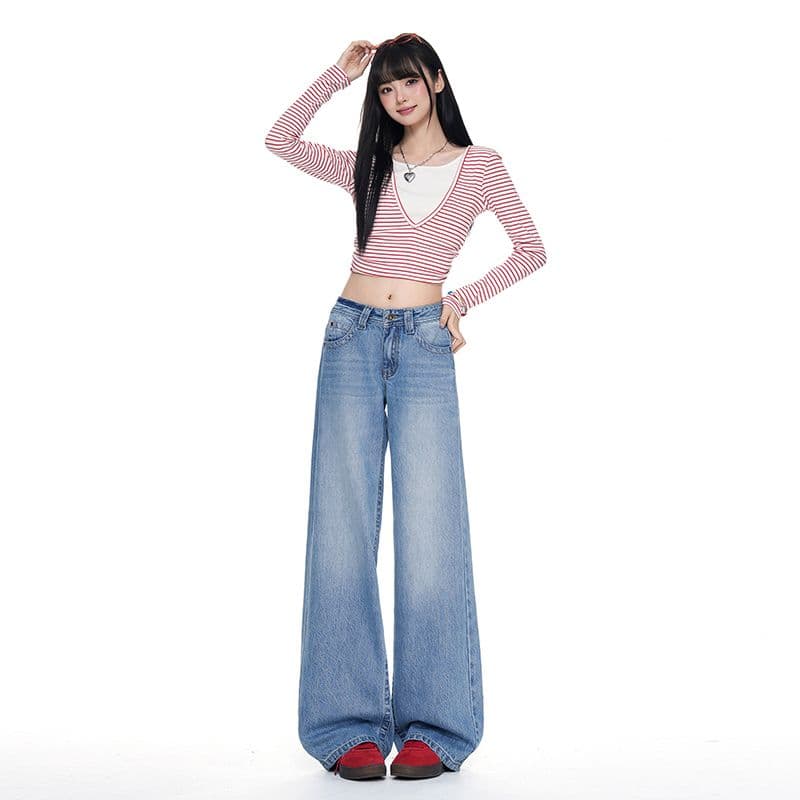 터키 데님 아메리칸 대 단추 로우 웨이스트 얼음 파란색 넓은 다리 루즈핏 스트레이트 청바지 이미지 4