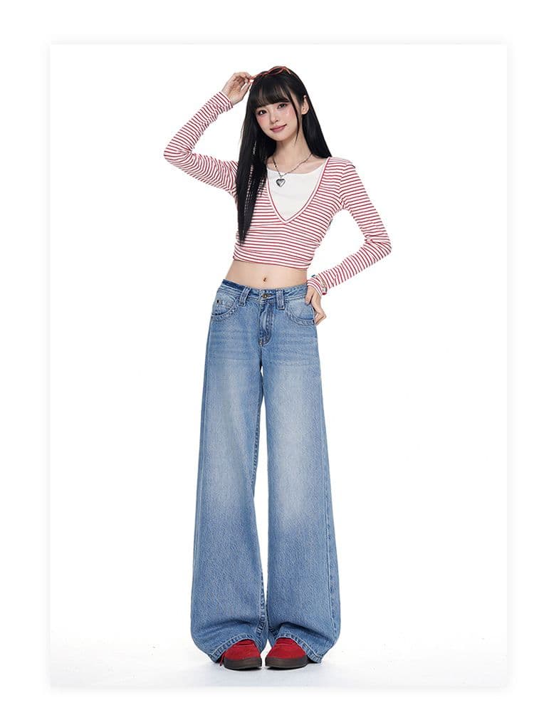 터키 데님 아메리칸 대 단추 로우 웨이스트 얼음 파란색 넓은 다리 루즈핏 스트레이트 청바지 상세 이미지 9