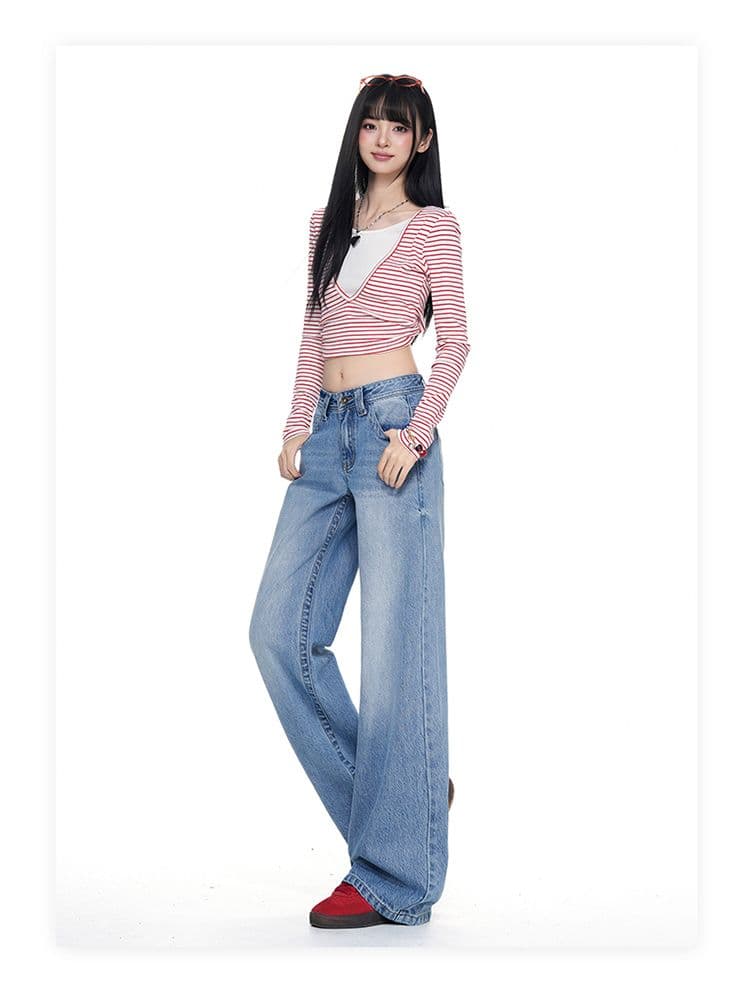 터키 데님 아메리칸 대 단추 로우 웨이스트 얼음 파란색 넓은 다리 루즈핏 스트레이트 청바지 상세 이미지 11