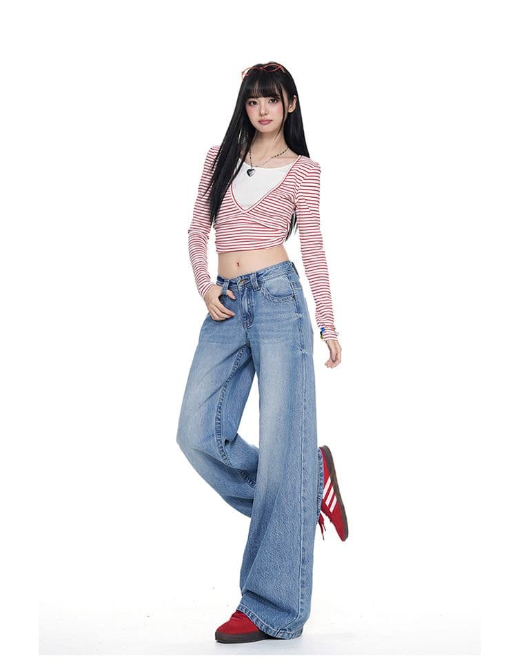 터키 데님 아메리칸 대 단추 로우 웨이스트 얼음 파란색 넓은 다리 루즈핏 스트레이트 청바지 상세 이미지 12