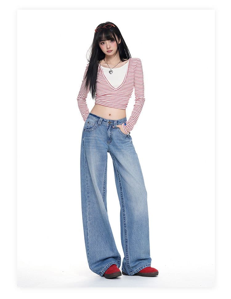 터키 데님 아메리칸 대 단추 로우 웨이스트 얼음 파란색 넓은 다리 루즈핏 스트레이트 청바지 상세 이미지 15
