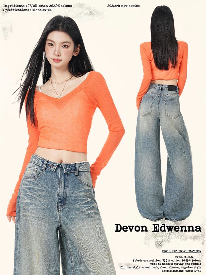 아메리칸 레트로 뒤집다 측면 허리 머리 디자인 루즈핏 스트레이트 넓은 다리 청바지 여성 상세 이미지 1