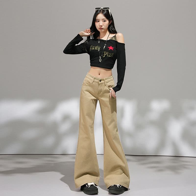 카키 색 아니요 막대기 다리 부츠컷 청바지 여성 2026 가을 새로운 핫걸 로우 웨이스트 슬림해 보이는 나팔 바지 작은 키