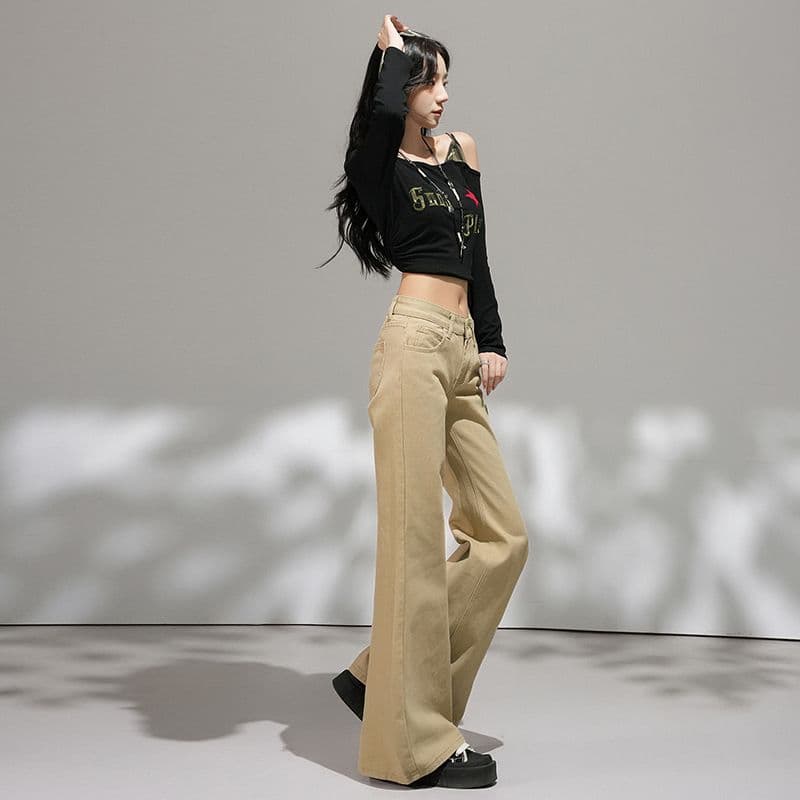 카키 색 아니요 막대기 다리 부츠컷 청바지 여성 2026 가을 새로운 핫걸 로우 웨이스트 슬림해 보이는 나팔 바지 작은 키 이미지 2