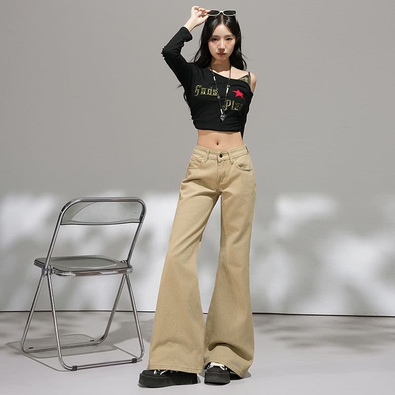 카키 색 아니요 막대기 다리 부츠컷 청바지 여성 2026 가을 새로운 핫걸 로우 웨이스트 슬림해 보이는 나팔 바지 작은 키 이미지 5
