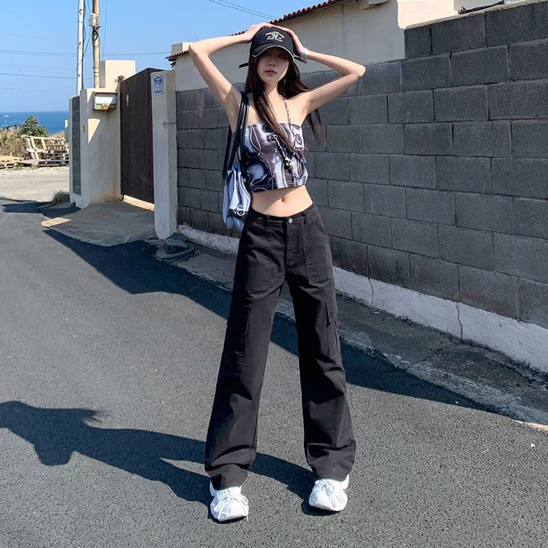 쌀 살구 스트레이트 워크웨어 팬츠 데님 여성 2026 봄 여름 새로운 루즈핏 슬림해 보이는 와이드 레그 팬츠 아메리칸 레트로 캐주얼 바지 이미지 5