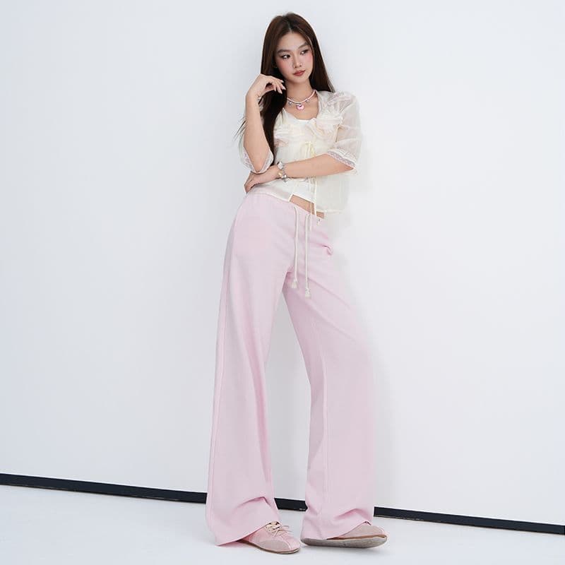 삼색 펌프 로프 넓은 다리 웨이 바지 여성 2026 가을 새로운 로우 웨이스트 루즈핏 도루 센스 다용도 슬림해 보이는 바닥 청소 긴 바지 이미지 4