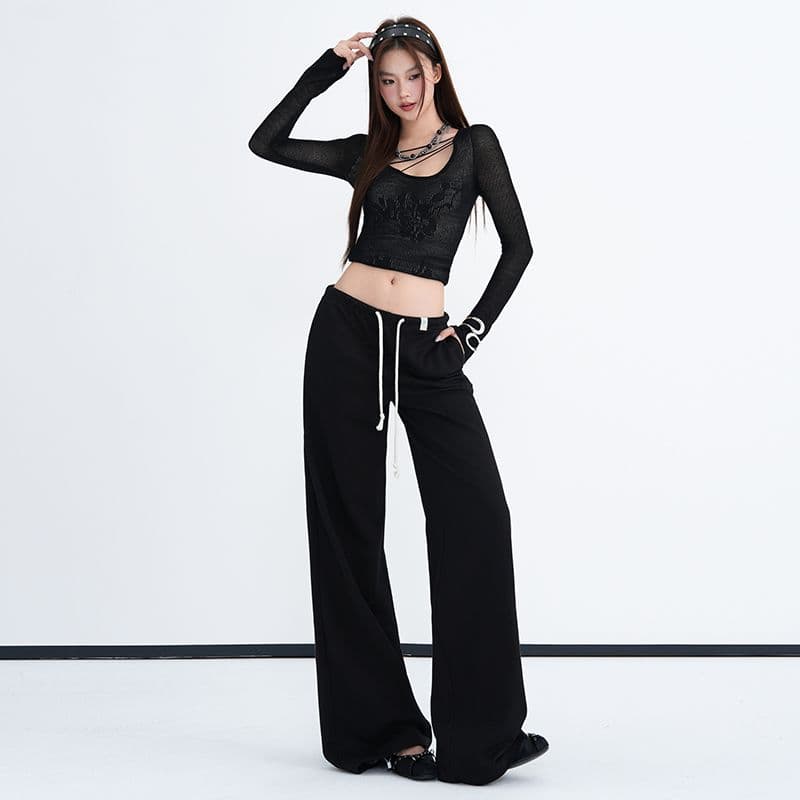 삼색 펌프 로프 넓은 다리 웨이 바지 여성 2026 가을 새로운 로우 웨이스트 루즈핏 도루 센스 다용도 슬림해 보이는 바닥 청소 긴 바지 이미지 5