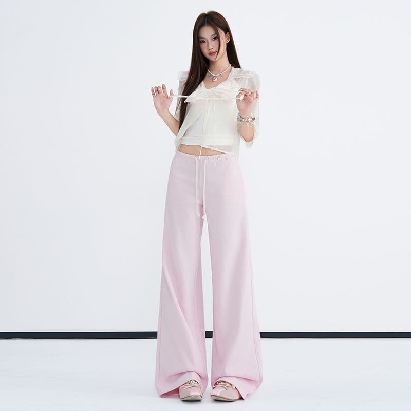 삼색 펌프 로프 넓은 다리 웨이 바지 여성 2026 가을 새로운 로우 웨이스트 루즈핏 도루 센스 다용도 슬림해 보이는 바닥 청소 긴 바지 이미지 3