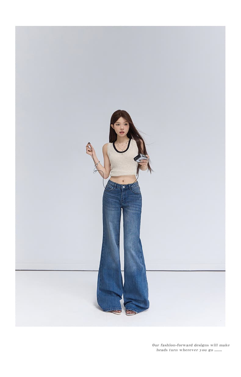 가을 아메리칸 레트로 로우 웨이스트 핫걸 루즈핏 나팔 바지 다용도 슬림해 보이는 대나무 마디 곡물 도루 센스 청바지 여성 상세 이미지 9