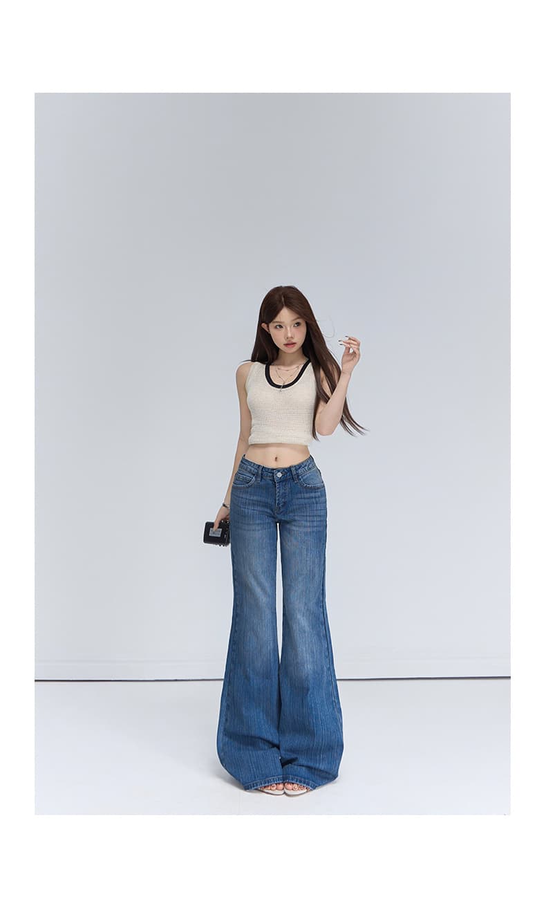 가을 아메리칸 레트로 로우 웨이스트 핫걸 루즈핏 나팔 바지 다용도 슬림해 보이는 대나무 마디 곡물 도루 센스 청바지 여성 상세 이미지 13