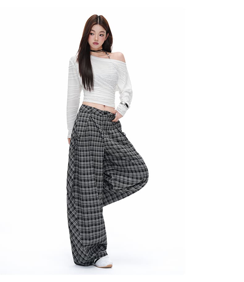 아메리칸 레트로 클래식 체크무늬 긴 바지 여성 이른 가을 느긋한 루즈핏 캐주얼 넓은 다리 바닥 청소 바지 상세 이미지 6
