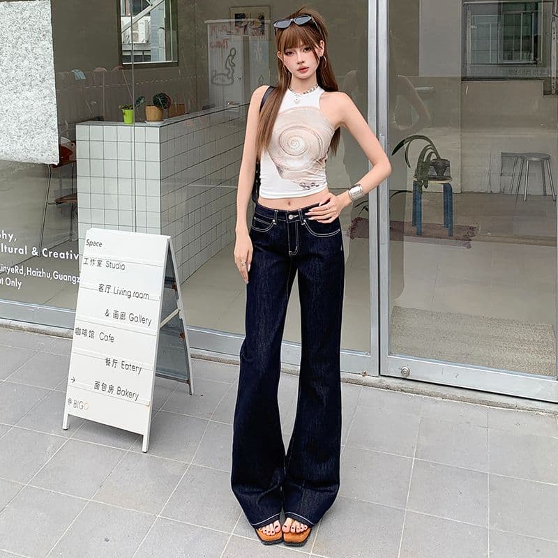 아메리칸 단 닝 색상 로우 웨이스트 부츠컷 청바지 여성 루즈핏 슬림해 보이는 다용도 바닥 청소 나팔 바지 이미지 5
