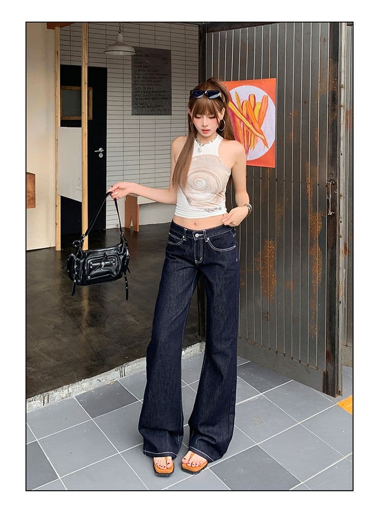 아메리칸 단 닝 색상 로우 웨이스트 부츠컷 청바지 여성 루즈핏 슬림해 보이는 다용도 바닥 청소 나팔 바지 상세 이미지 3