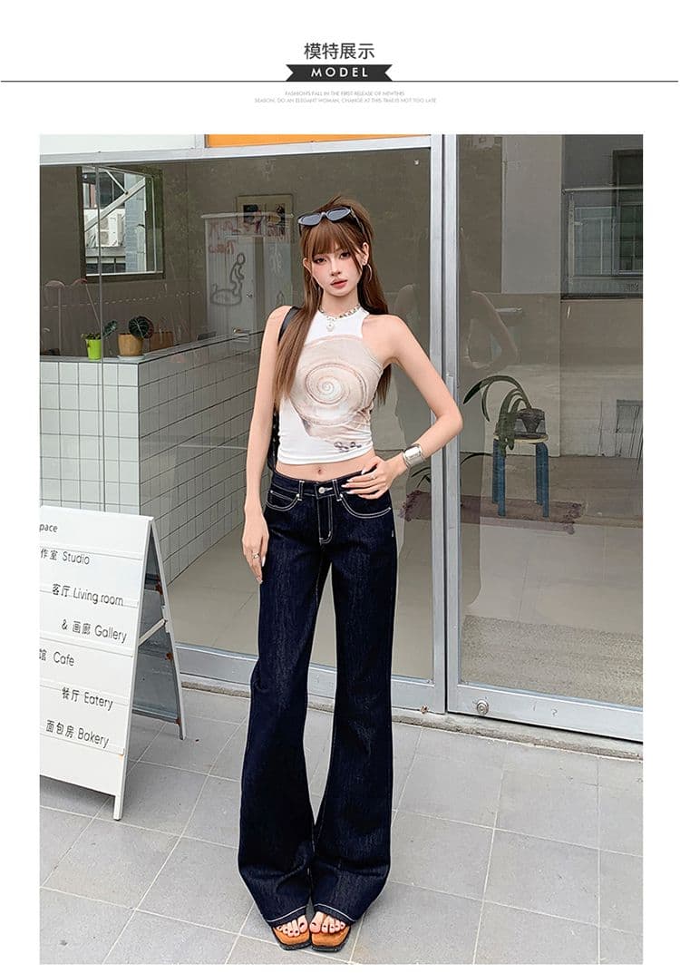 아메리칸 단 닝 색상 로우 웨이스트 부츠컷 청바지 여성 루즈핏 슬림해 보이는 다용도 바닥 청소 나팔 바지 상세 이미지 6
