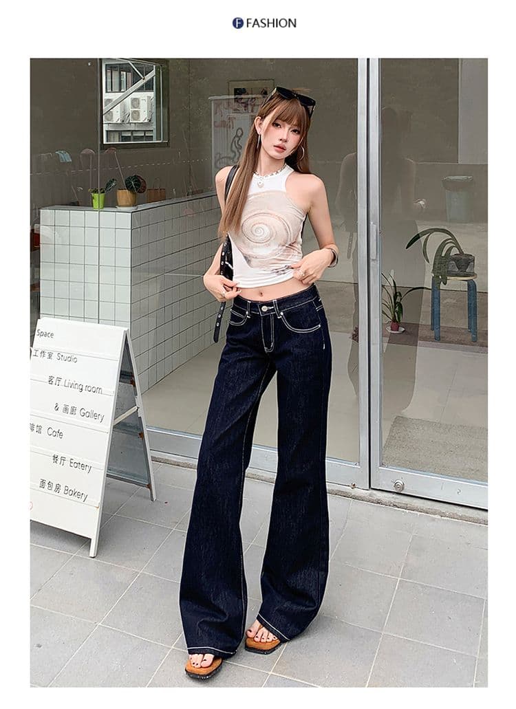 아메리칸 단 닝 색상 로우 웨이스트 부츠컷 청바지 여성 루즈핏 슬림해 보이는 다용도 바닥 청소 나팔 바지 상세 이미지 7