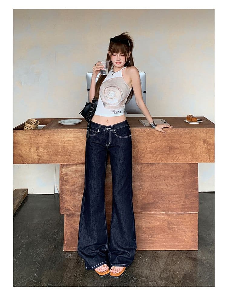 아메리칸 단 닝 색상 로우 웨이스트 부츠컷 청바지 여성 루즈핏 슬림해 보이는 다용도 바닥 청소 나팔 바지 상세 이미지 12