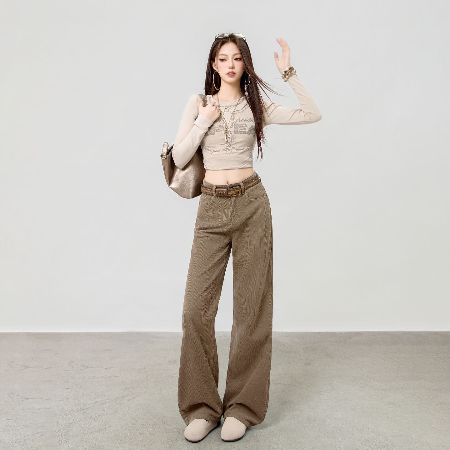 2026 가을 겨울 폭발 신성 아름다움 라드. 우유 회색 브라운 슈퍼 부드러운 원단 코듀로이 좁은 에디션 스트레이트 팬츠 여성 이미지 4