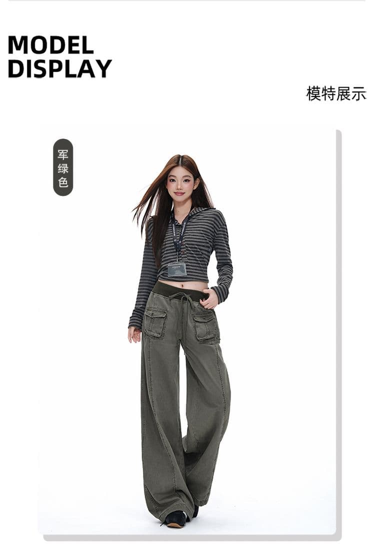 군용 녹색 해체 패치워크 중 로우 웨이스트 워크웨어 팬츠 리브 허리 머리 주머니 루즈핏 캐주얼 바지 여성 상세 이미지 5