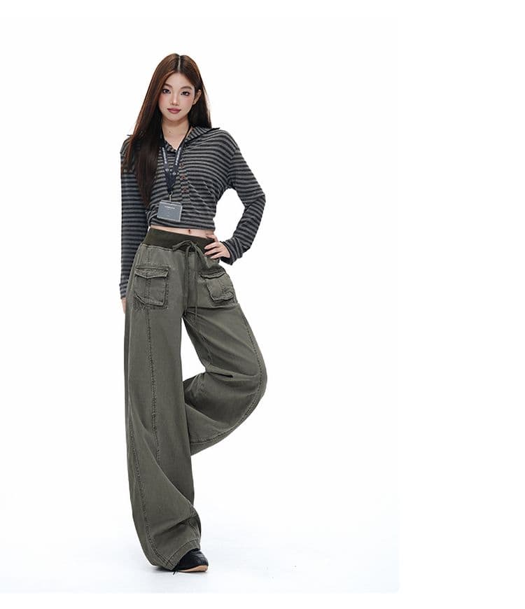 군용 녹색 해체 패치워크 중 로우 웨이스트 워크웨어 팬츠 리브 허리 머리 주머니 루즈핏 캐주얼 바지 여성 상세 이미지 6