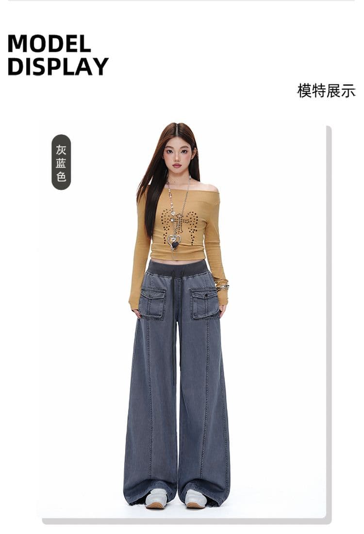회색 파란색 해체 패치워크 중 로우 웨이스트 워크웨어 팬츠 리브 허리 머리 주머니 루즈핏 캐주얼 바지 여성 상세 이미지 5