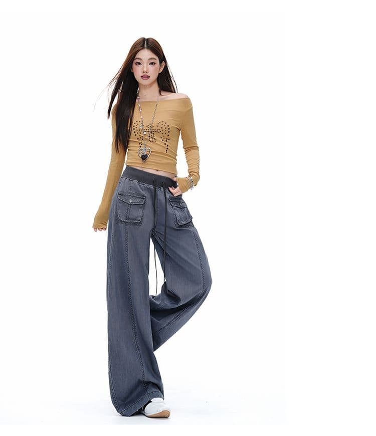 회색 파란색 해체 패치워크 중 로우 웨이스트 워크웨어 팬츠 리브 허리 머리 주머니 루즈핏 캐주얼 바지 여성 상세 이미지 6