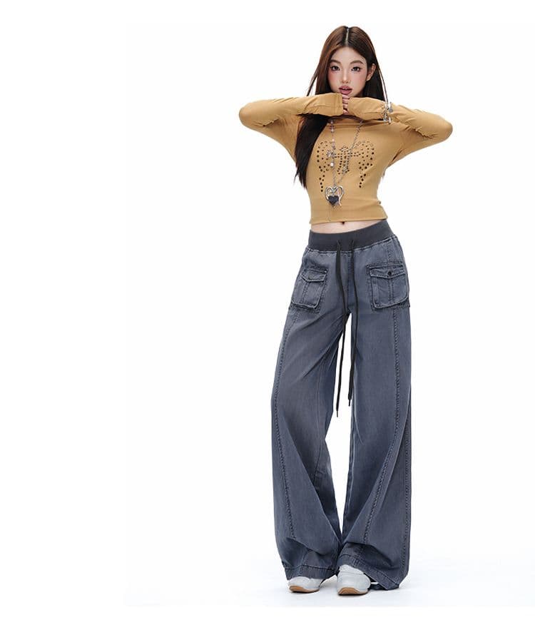 회색 파란색 해체 패치워크 중 로우 웨이스트 워크웨어 팬츠 리브 허리 머리 주머니 루즈핏 캐주얼 바지 여성 상세 이미지 7