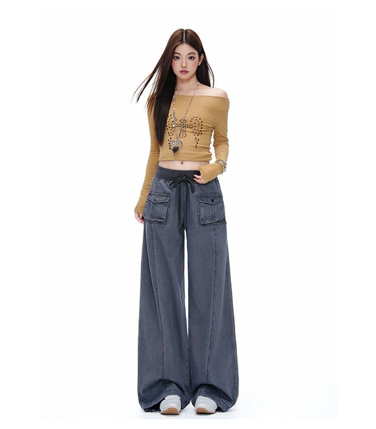 회색 파란색 해체 패치워크 중 로우 웨이스트 워크웨어 팬츠 리브 허리 머리 주머니 루즈핏 캐주얼 바지 여성 상세 이미지 9