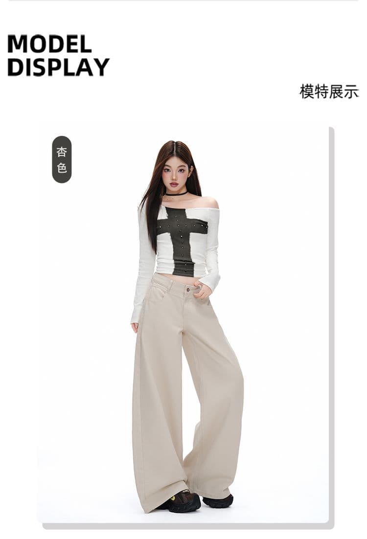 새로운 이른 가을 로우 웨이스트 넓은 다리 루즈핏 살구 색상 수 있습니다. 조정 버클 디자인 청바지 여성 상세 이미지 5