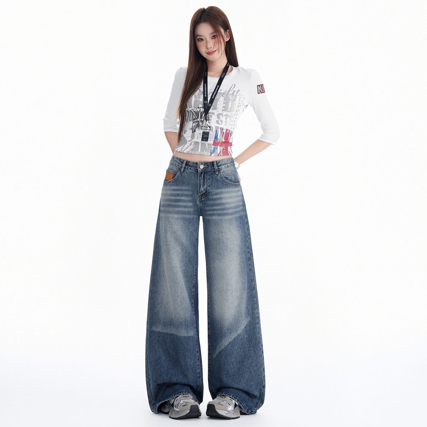 아메리칸 레트로 마 오래된 워시 물 루즈핏 스트레이트 넓은 다리 청바지 여성 이미지 5