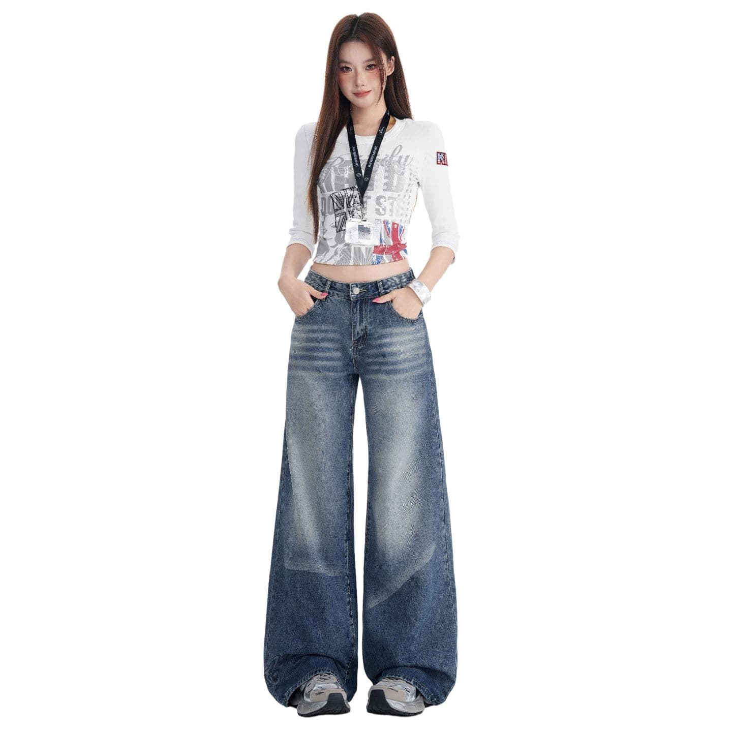 아메리칸 레트로 마 오래된 워시 물 루즈핏 스트레이트 넓은 다리 청바지 여성 이미지 4