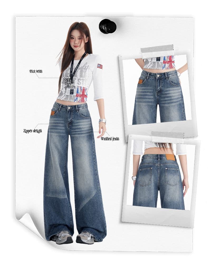 아메리칸 레트로 마 오래된 워시 물 루즈핏 스트레이트 넓은 다리 청바지 여성 상세 이미지 3