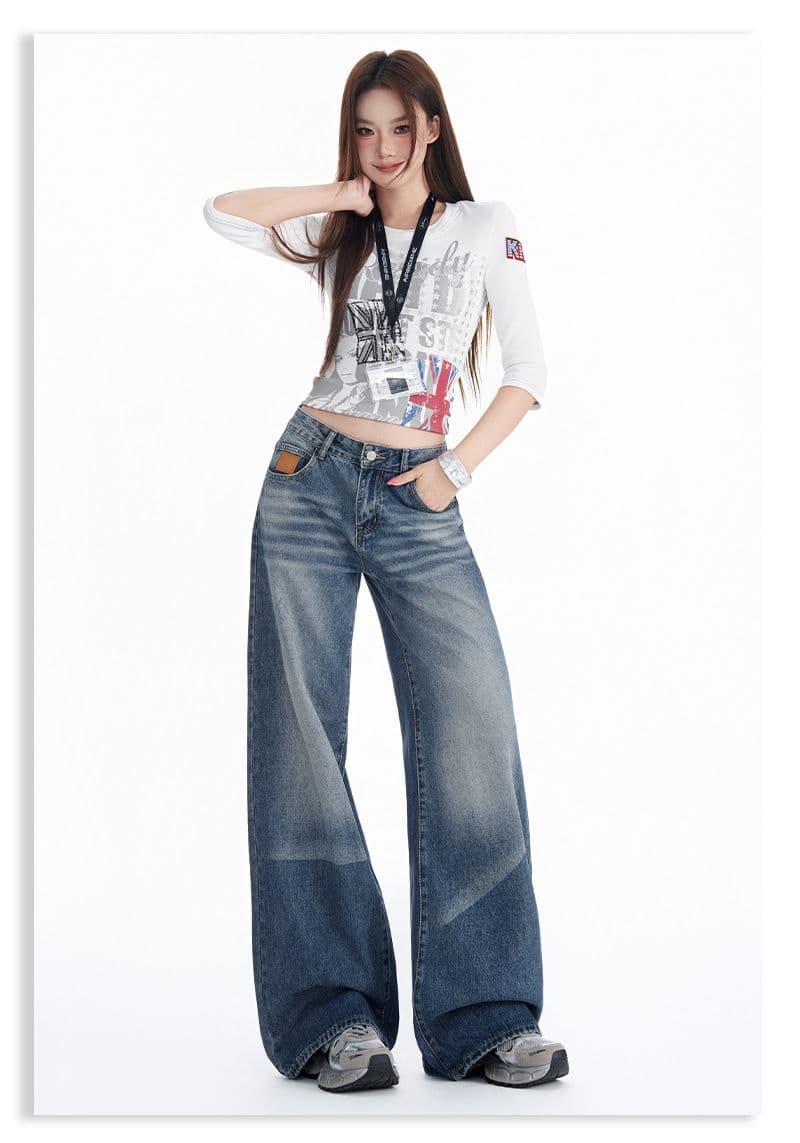 아메리칸 레트로 마 오래된 워시 물 루즈핏 스트레이트 넓은 다리 청바지 여성 상세 이미지 9