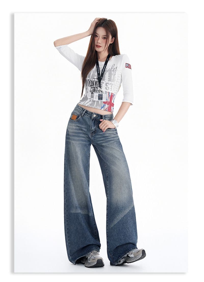 아메리칸 레트로 마 오래된 워시 물 루즈핏 스트레이트 넓은 다리 청바지 여성 상세 이미지 12