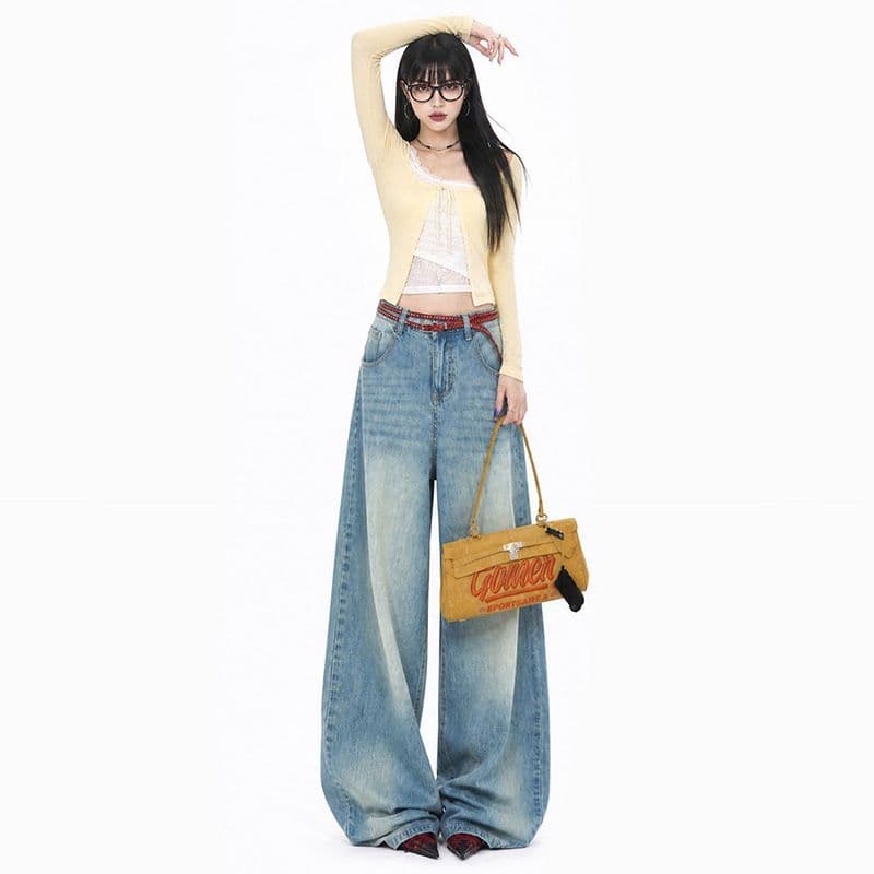 블루스 켄팅 도루 피하다. 부드러운 데님 고차 워싱 연삭 흰 머리카락 반드시 그라데이션 색조 넓은 다리 청바지 여성