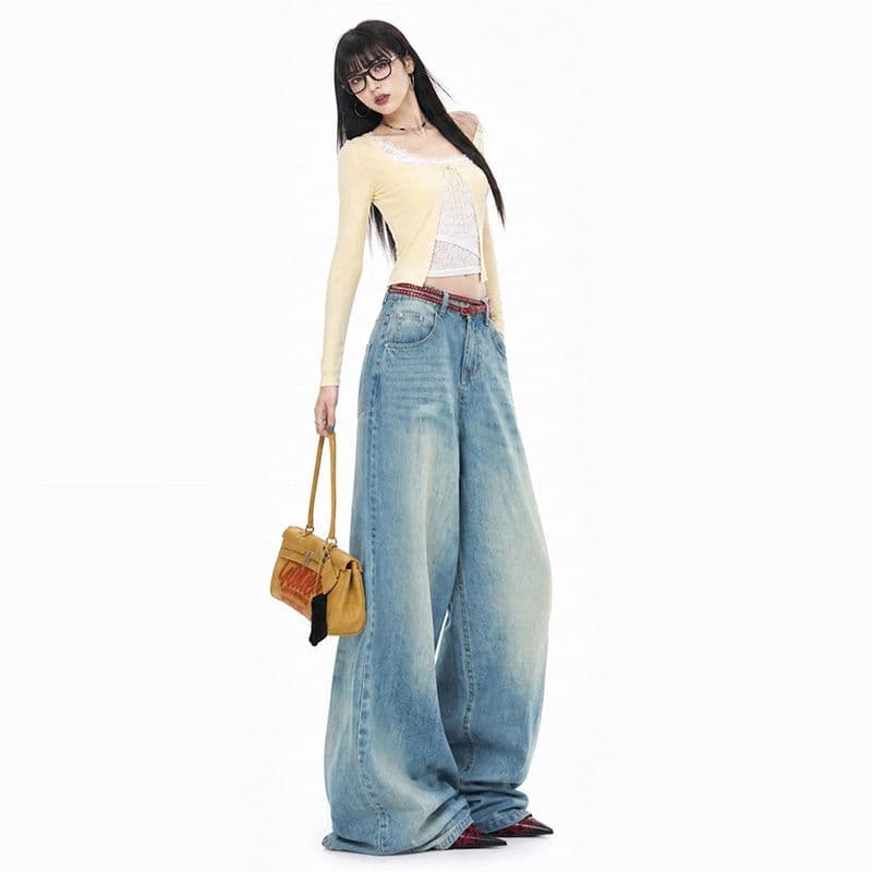 블루스 켄팅 도루 피하다. 부드러운 데님 고차 워싱 연삭 흰 머리카락 반드시 그라데이션 색조 넓은 다리 청바지 여성 이미지 3
