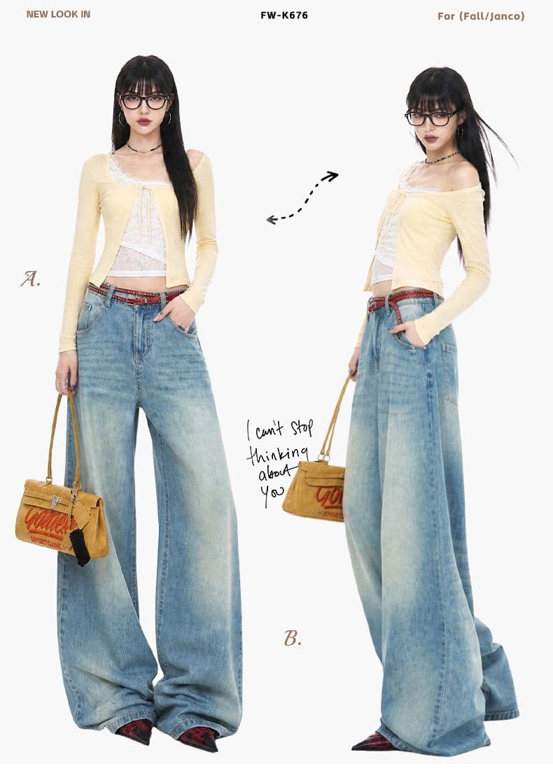 블루스 켄팅 도루 피하다. 부드러운 데님 고차 워싱 연삭 흰 머리카락 반드시 그라데이션 색조 넓은 다리 청바지 여성 상세 이미지 2