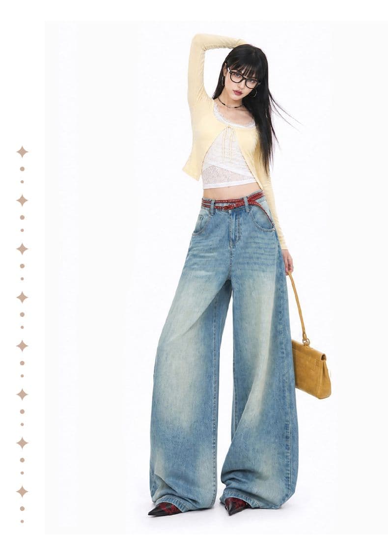 블루스 켄팅 도루 피하다. 부드러운 데님 고차 워싱 연삭 흰 머리카락 반드시 그라데이션 색조 넓은 다리 청바지 여성 상세 이미지 10