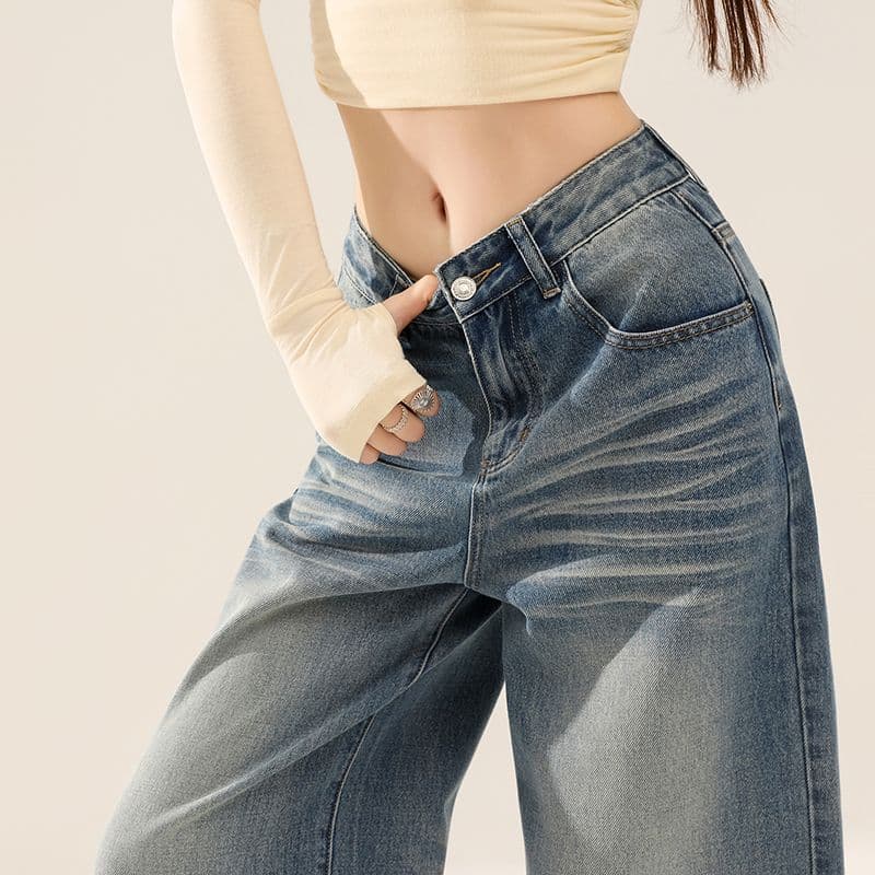 가을 주름 장식 루즈핏 느긋한 레트로 하늘색 데님 와이드 레깅스 바지