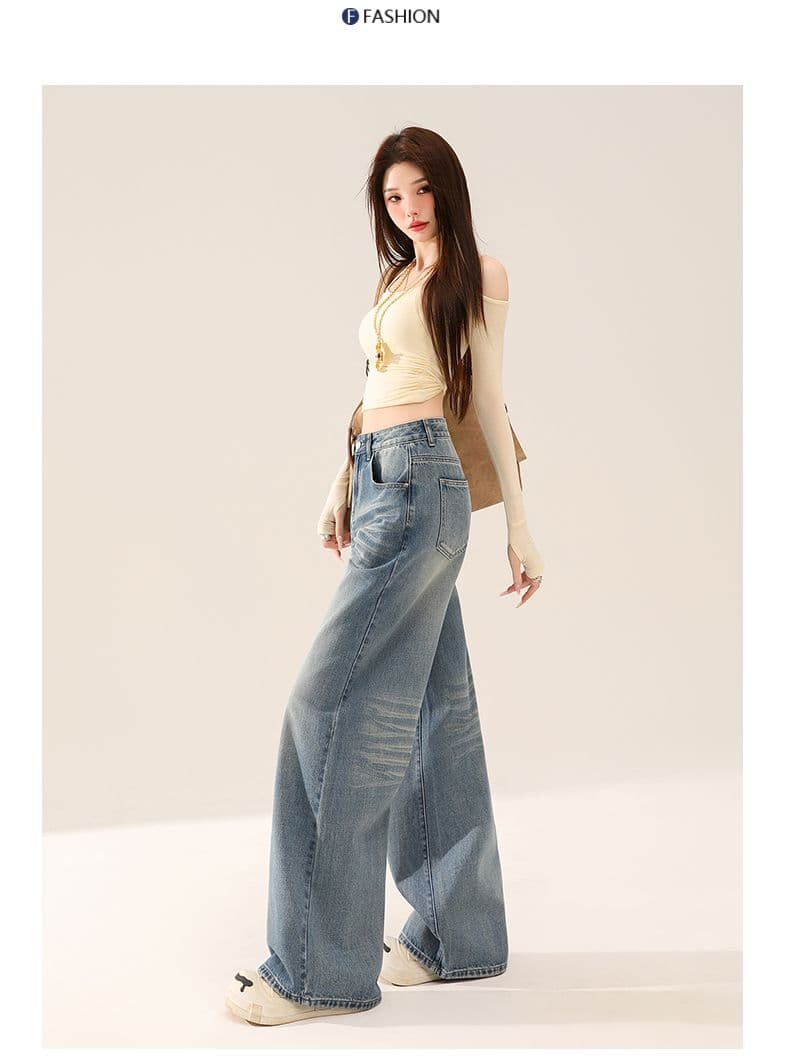 가을 주름 장식 루즈핏 느긋한 레트로 하늘색 데님 와이드 레깅스 바지 상세 이미지 12