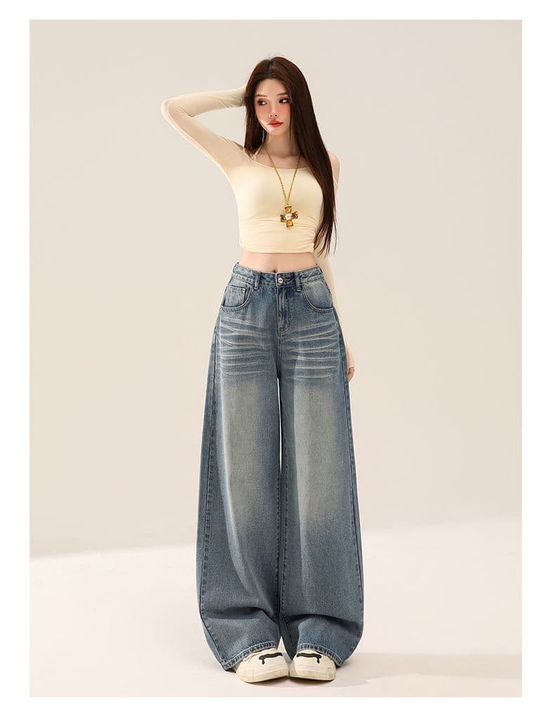 가을 주름 장식 루즈핏 느긋한 레트로 하늘색 데님 와이드 레깅스 바지 상세 이미지 14