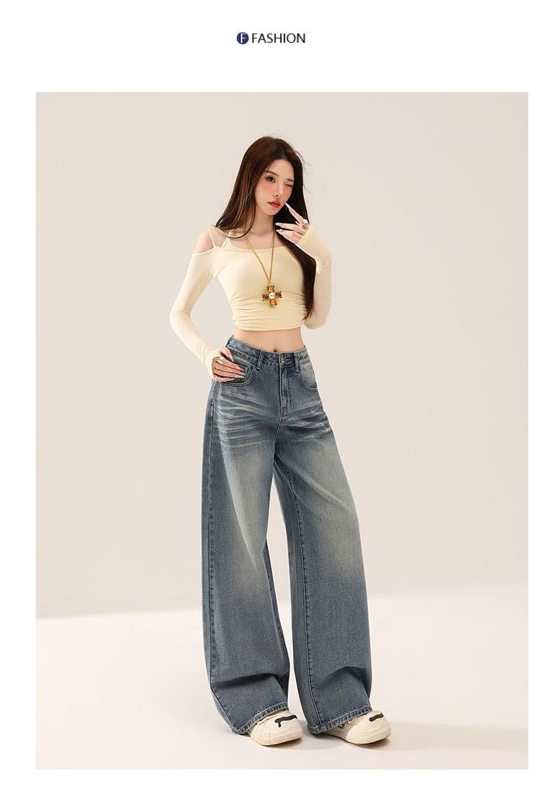 가을 주름 장식 루즈핏 느긋한 레트로 하늘색 데님 와이드 레깅스 바지 상세 이미지 17