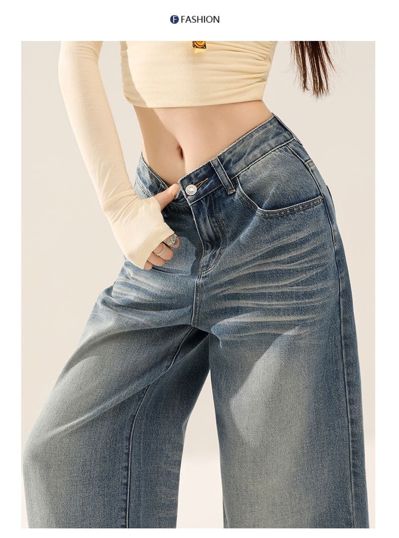 가을 주름 장식 루즈핏 느긋한 레트로 하늘색 데님 와이드 레깅스 바지 상세 이미지 19