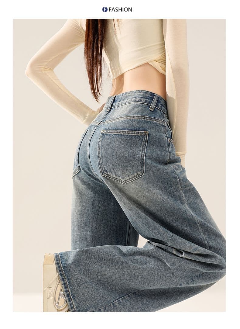 가을 주름 장식 루즈핏 느긋한 레트로 하늘색 데님 와이드 레깅스 바지 상세 이미지 20