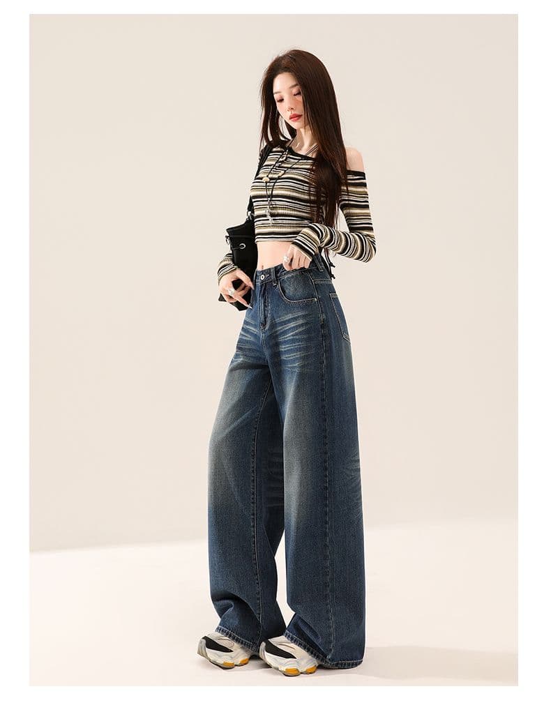 가을 주름 장식 루즈핏 느긋한 레트로 하늘색 데님 와이드 레깅스 바지 상세 이미지 23