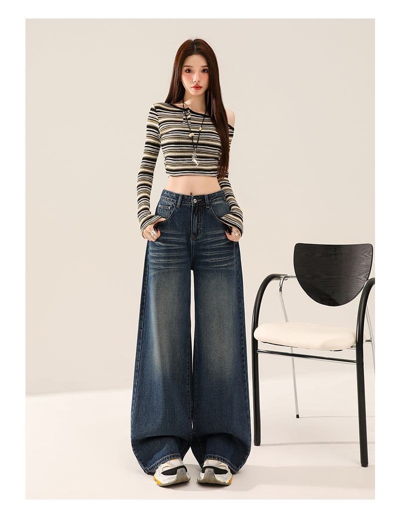 가을 주름 장식 루즈핏 느긋한 레트로 하늘색 데님 와이드 레깅스 바지 상세 이미지 29