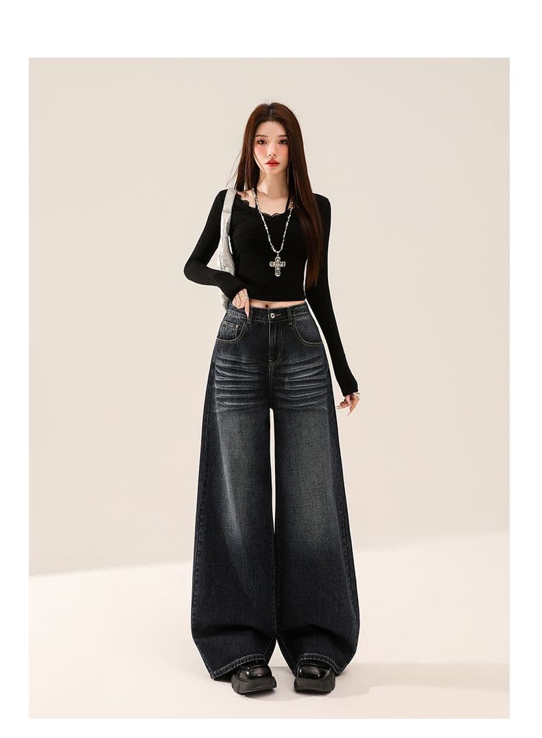 가을 주름 장식 루즈핏 느긋한 레트로 하늘색 데님 와이드 레깅스 바지 상세 이미지 33