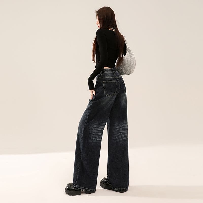 아메리칸 레트로 블루 회색 넓은 다리 청바지 여성 봄 새로운 루즈핏 하이웨이스트 도루 센스 스트레이트 팬츠 이미지 5